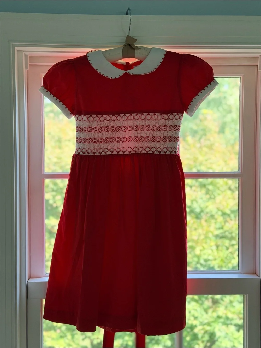 NWT Rachel Riley Girls Red and White Smocked Dress